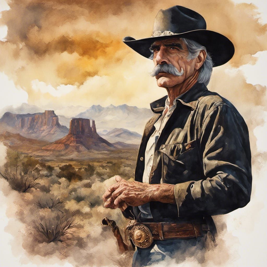 Cowboy with Hat and Mustache in Gouache Style