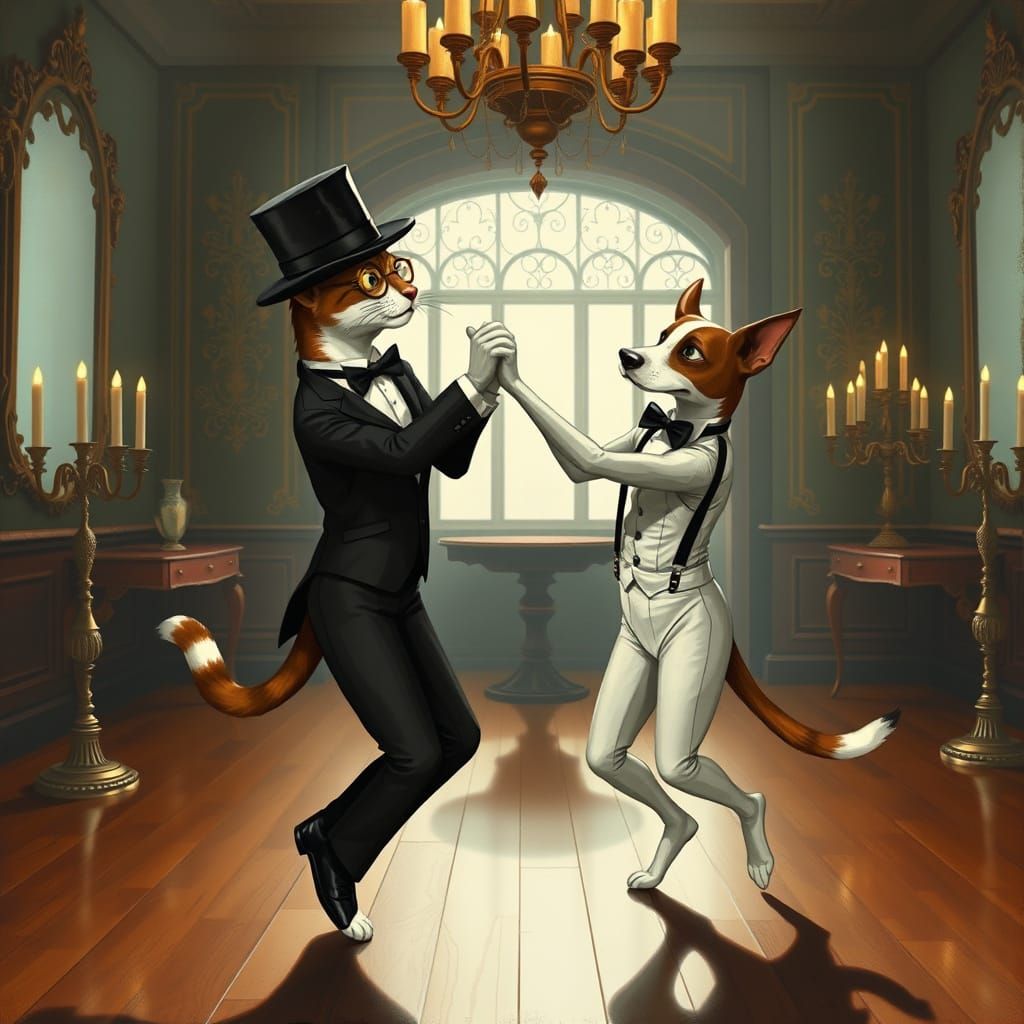 Sophisticated Feline and Canine Tango Dancers in Elegant Bal...
