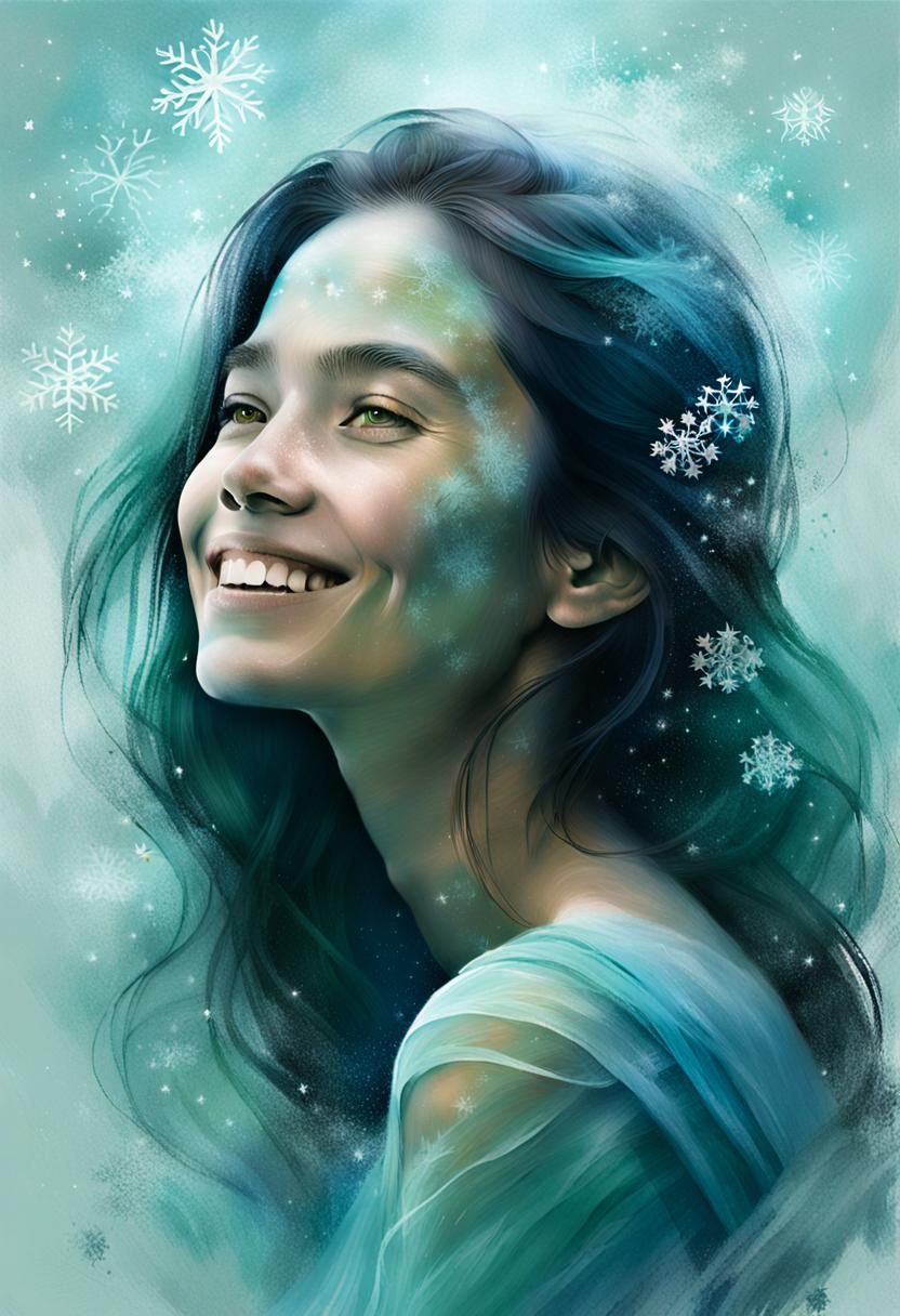 Minimalist Aquamarine Portrait of Woman Dissolving into Mist