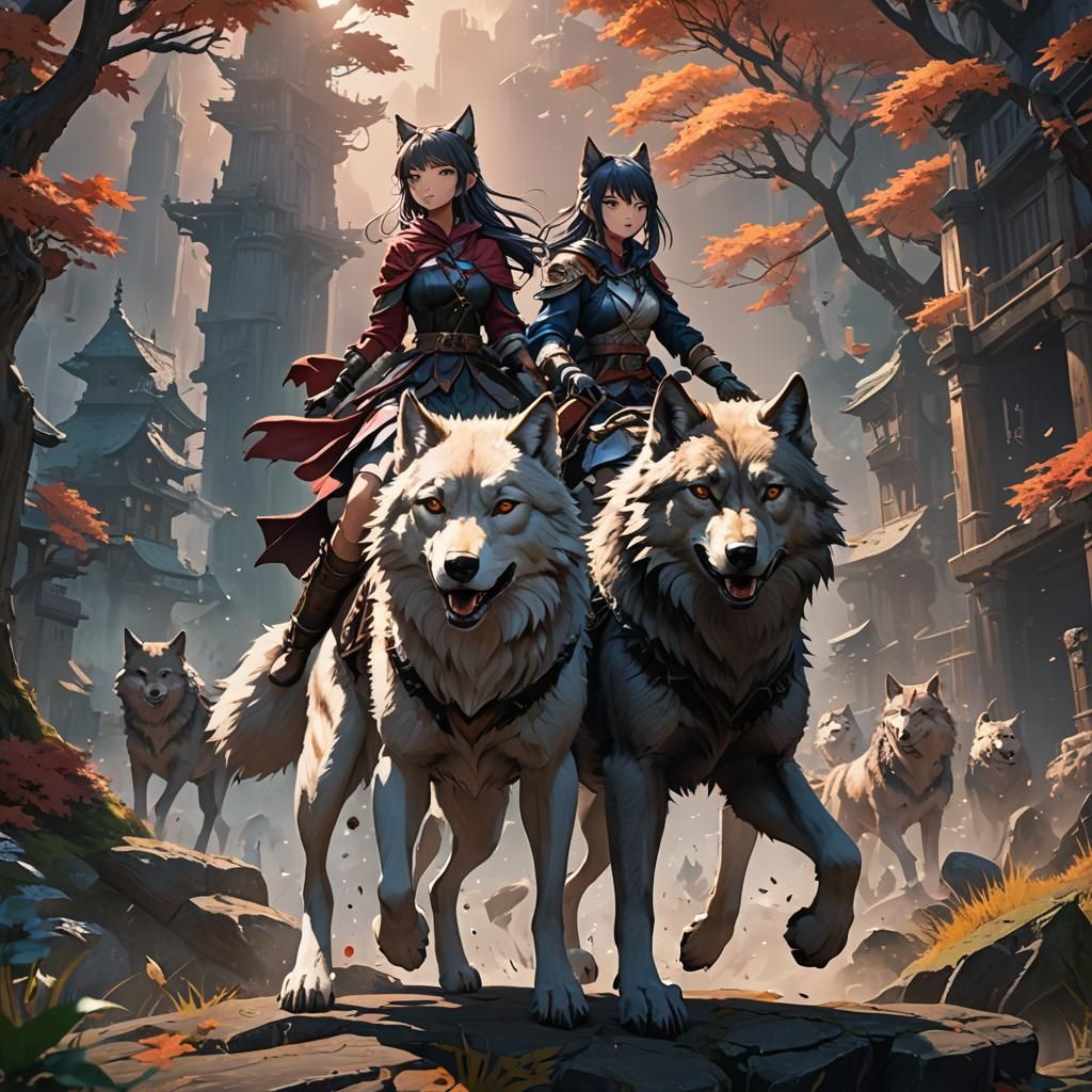 Anime Girl Rides a Wolf: Detailed Fantasy Art