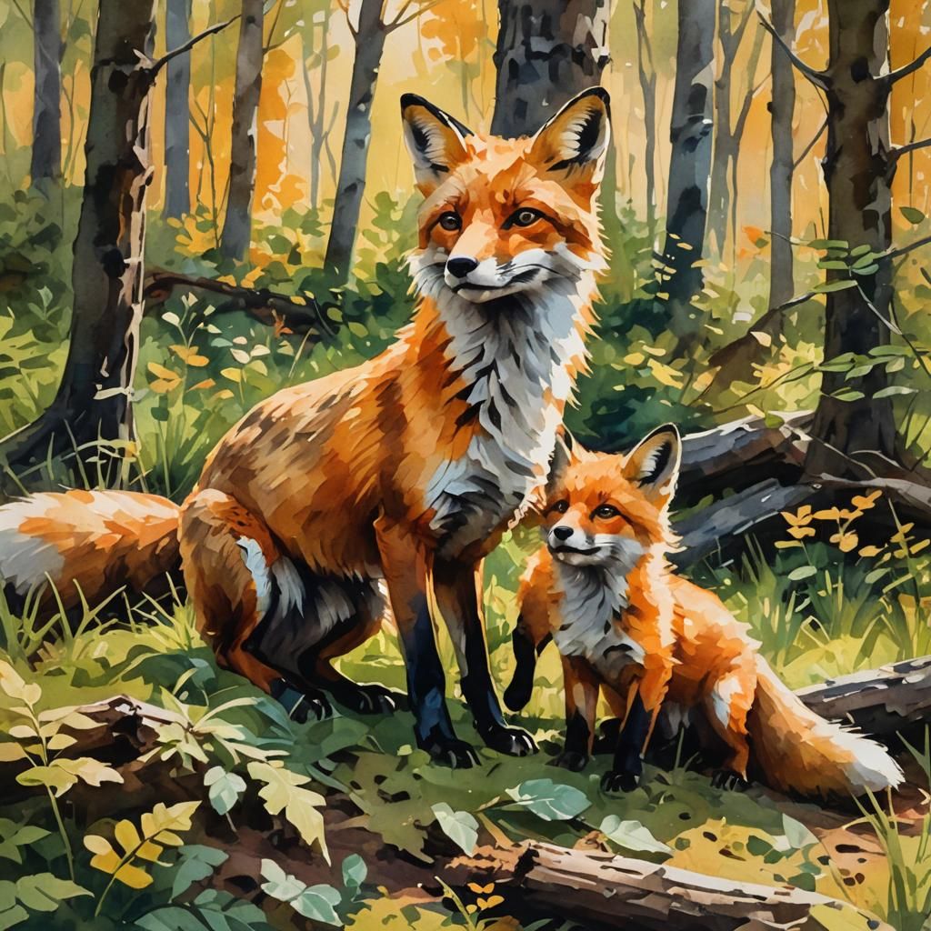 Fox and Cub in Forest Glade: Gouache Watercolor