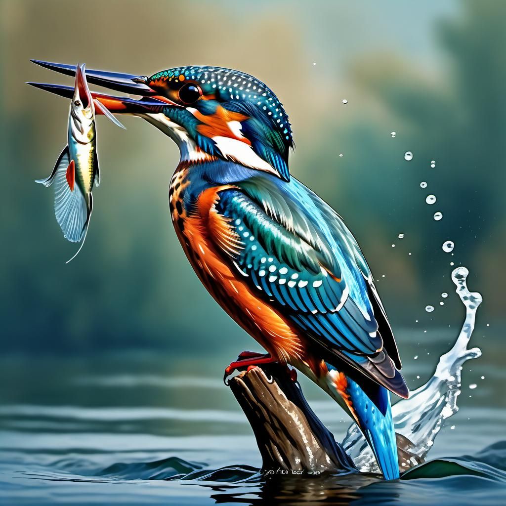 Kingfisher Catching Fish: Digital Watercolor Illustration