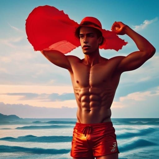 Cinematic Beach Fashion: Man in Red Swimwear