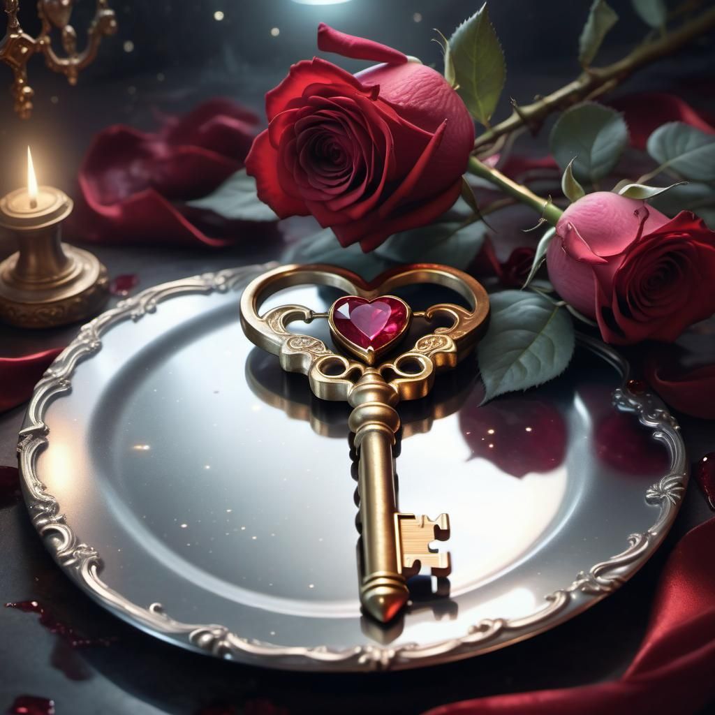 Golden Key with Ruby Heart and Roses
