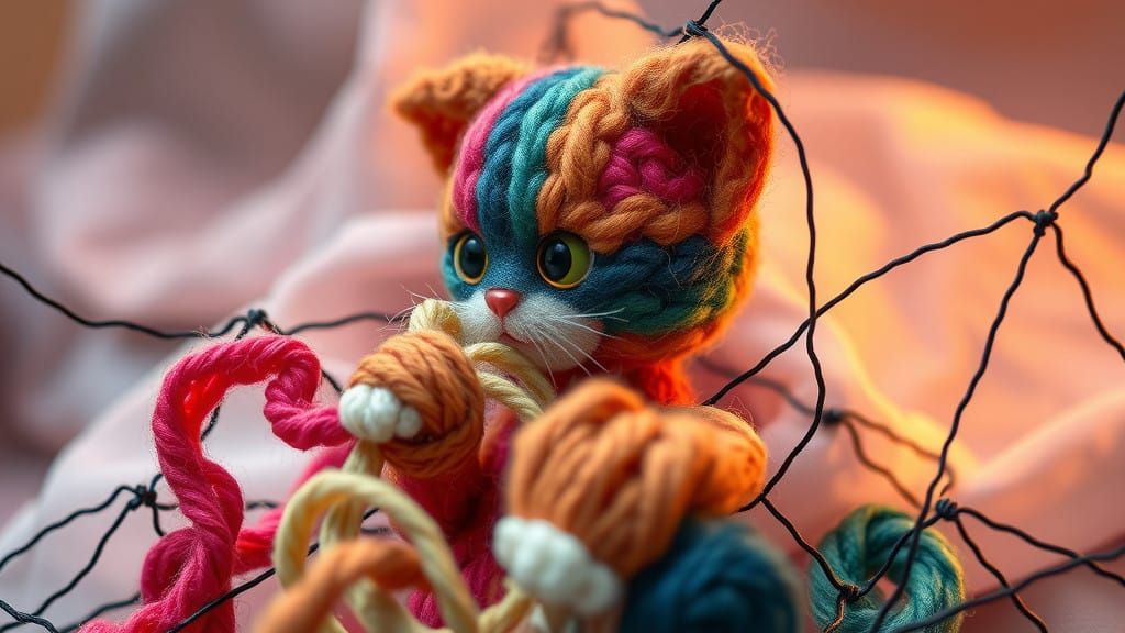 Whimsical Felted Wool Cat with Delicate Satin Thread Webs
