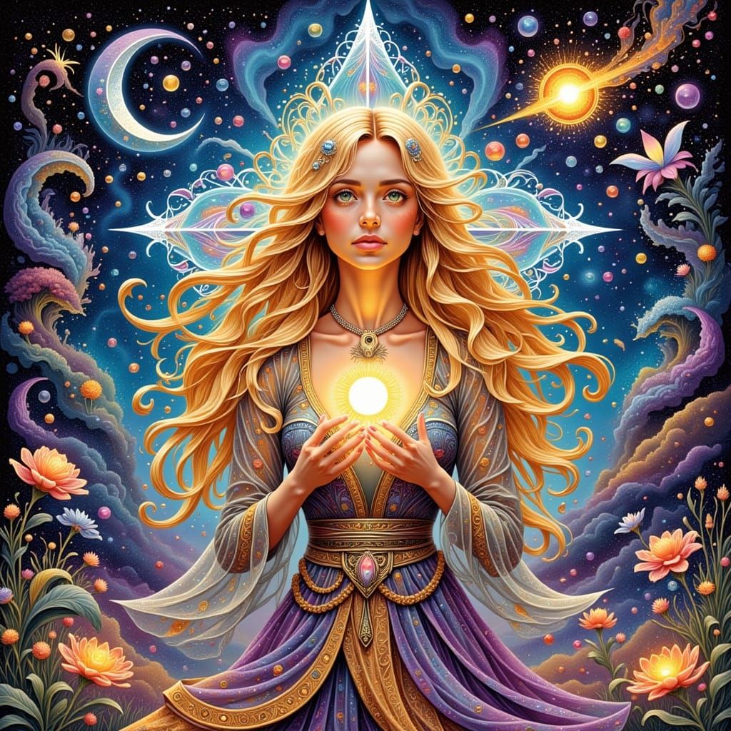 Radiant Fortune Teller in a Mystical Tarot Setting