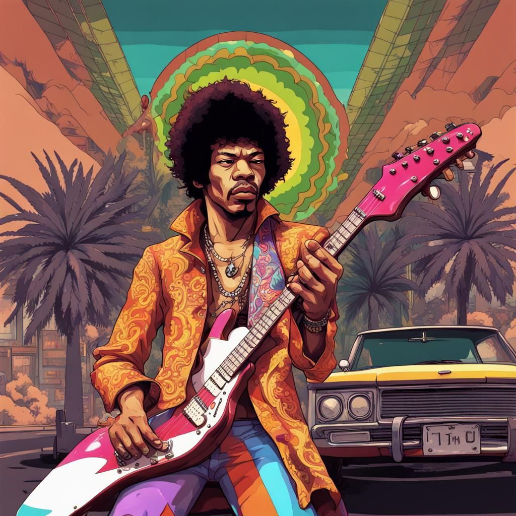 Psychedelic Jimi Hendrix in Anime GTA Style