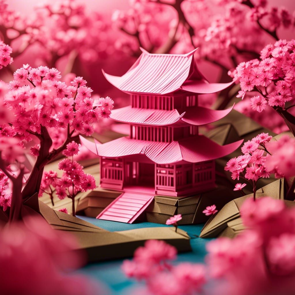Origami Temple Amidst Pink Cherry Blossoms