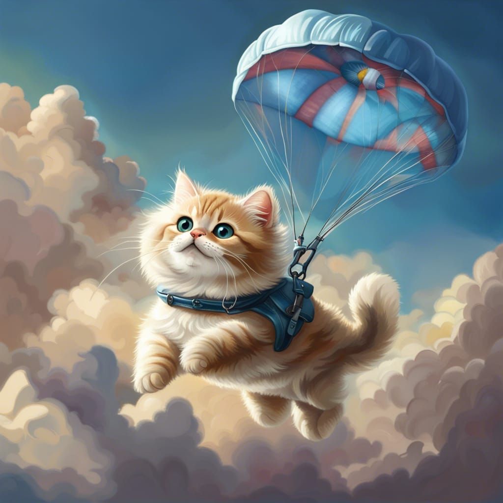 Fluffy Cat Parachuting from Heaven