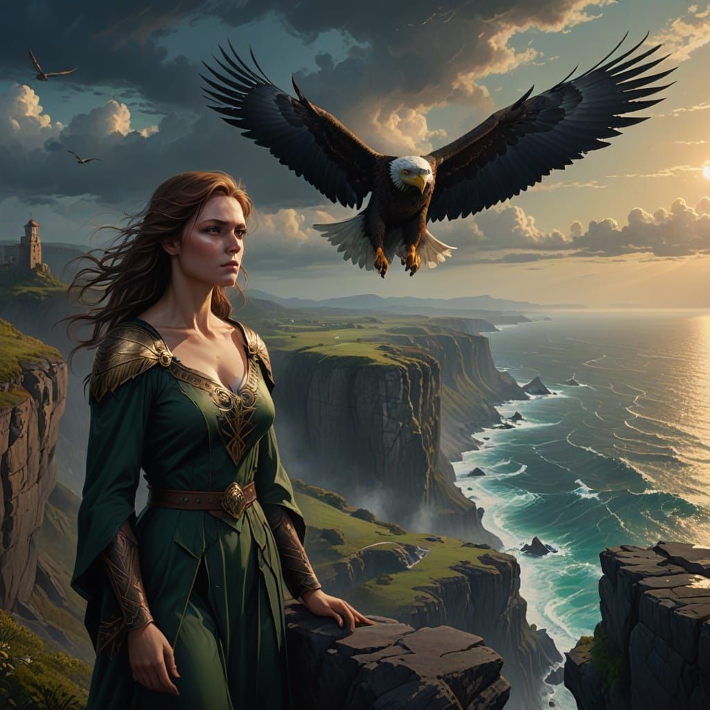 Fantasy Woman on Cliff Overlooking Sea with Eagle