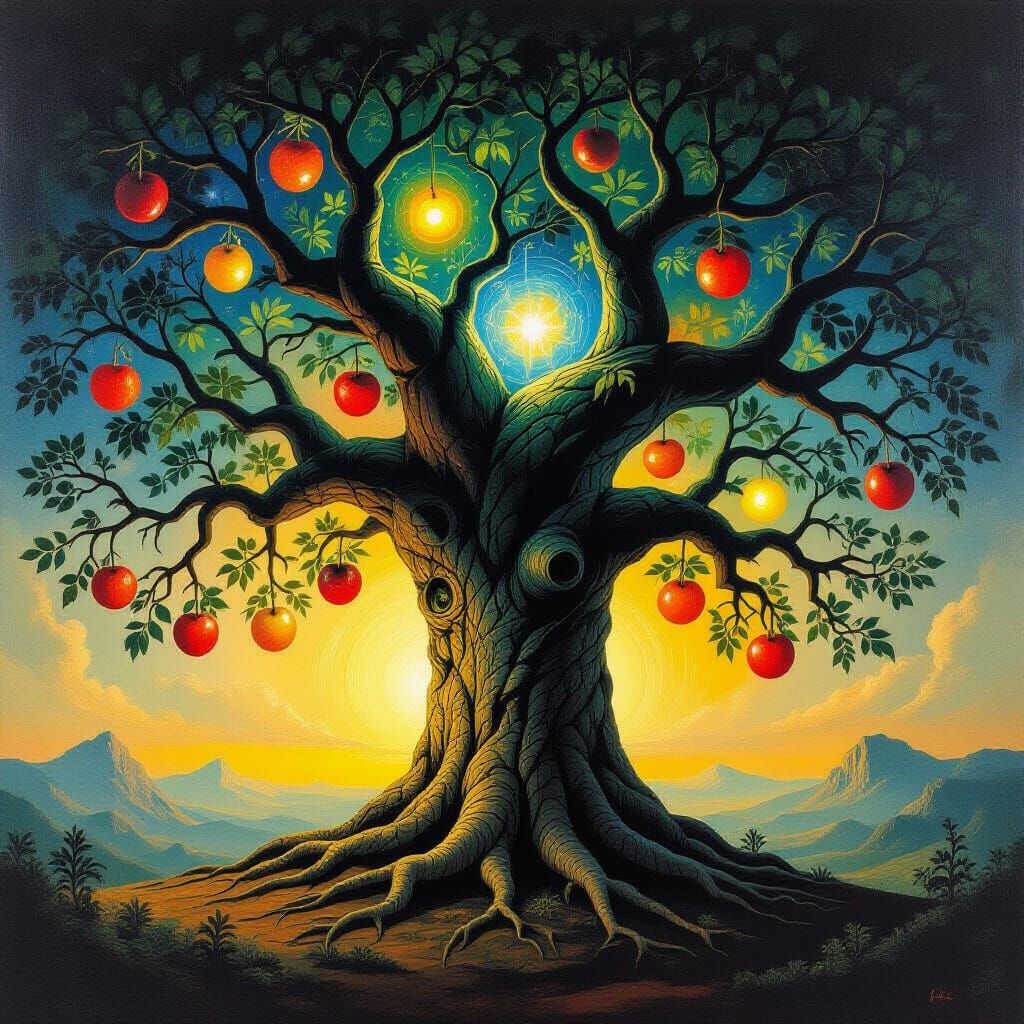 Cosmic Tree of Reality in Surrealist Oil Painting Style