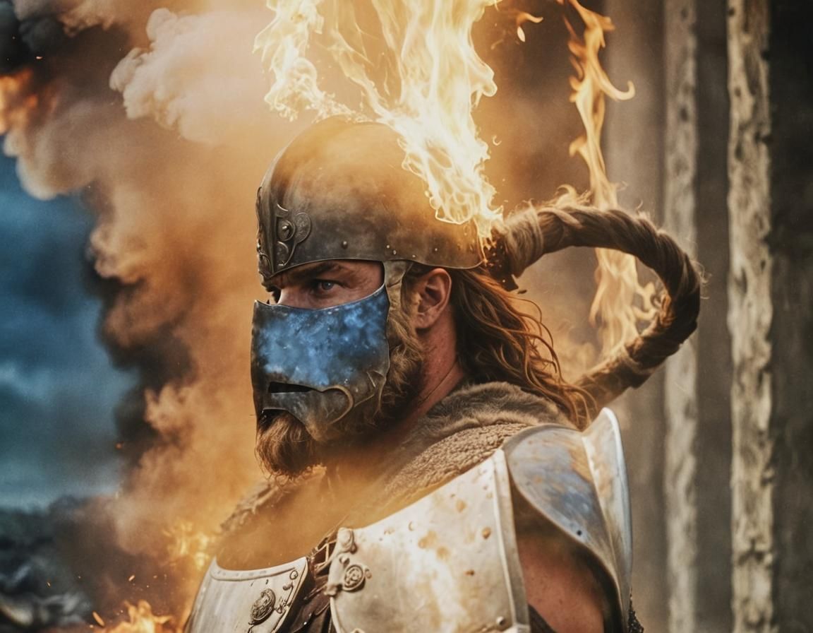Viking Warrior on Firey Battlefield in Cinematic Style