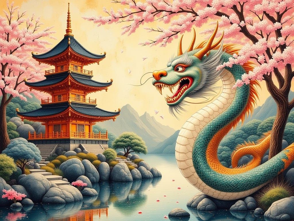 Asian Dragon Near Pagoda in Kano-ha Style