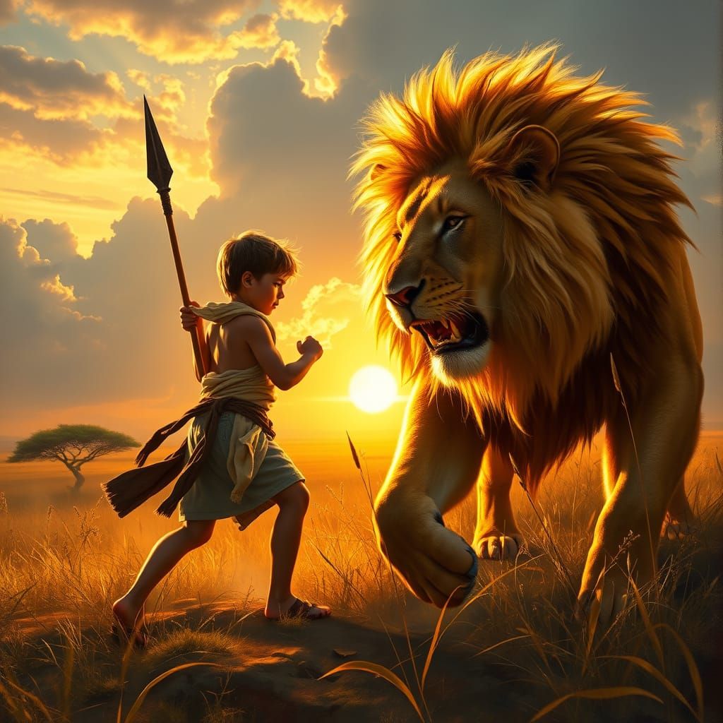 Boy Fights Lion in Epic Savannah Battle Scene