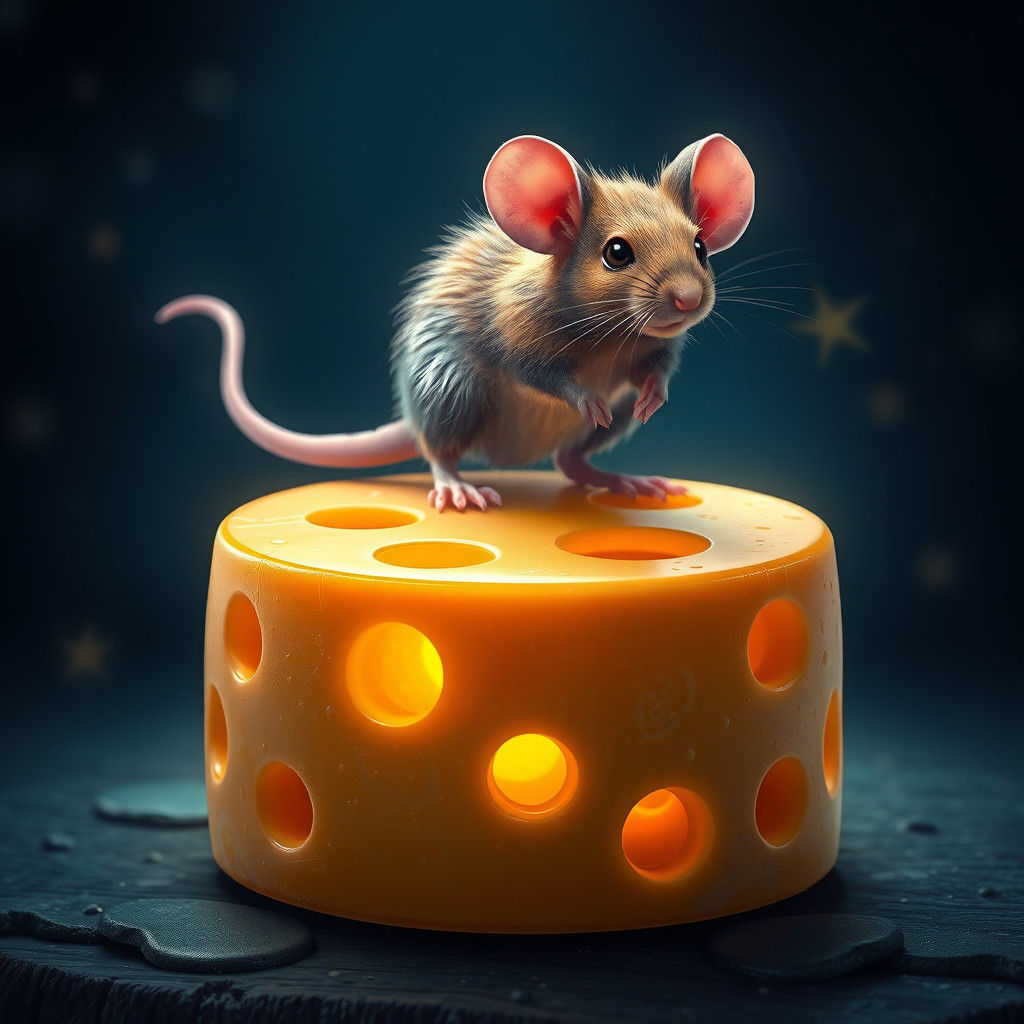 Mouse with Fluffy Legs on Swiss Cheese