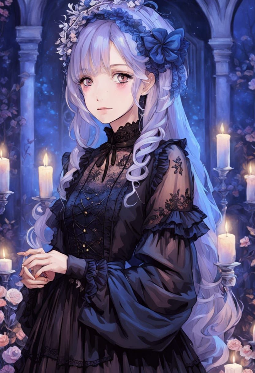 Gothic Lolita Girl in Candlelit Sanctuary