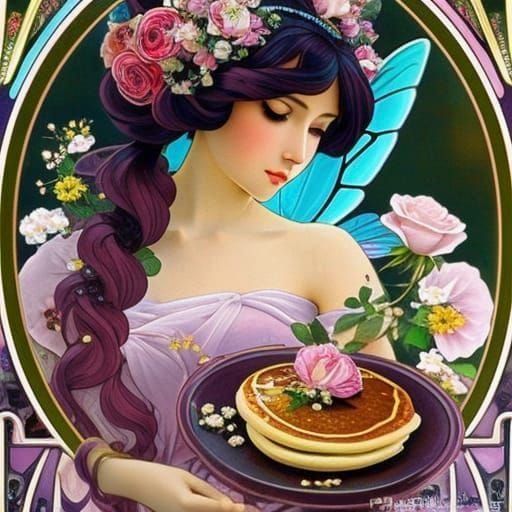 Fairy Enjoys Pancake Breakfast in Art Nouveau Style