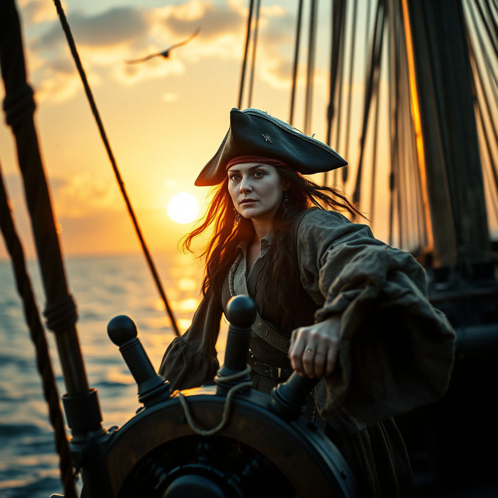 Pirate Woman at Helm in Cinematic Sunset