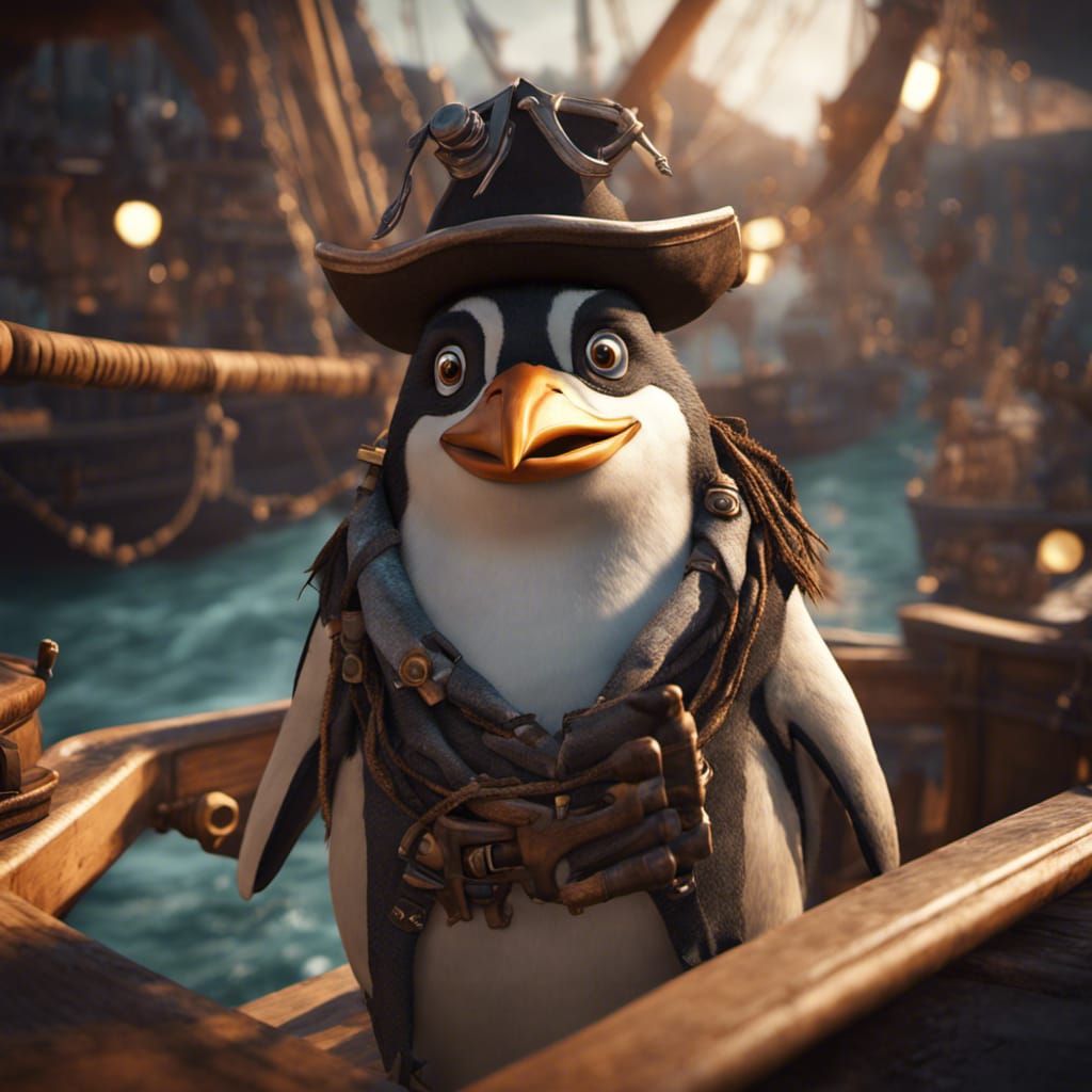 Penguin Pirates on Ship in Pixar Style