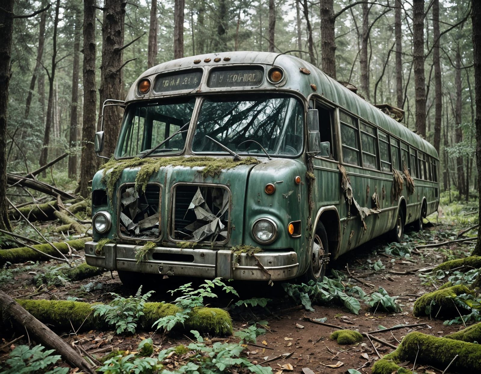 Surreal Wreck of Abandoned Bus in Cold Forest