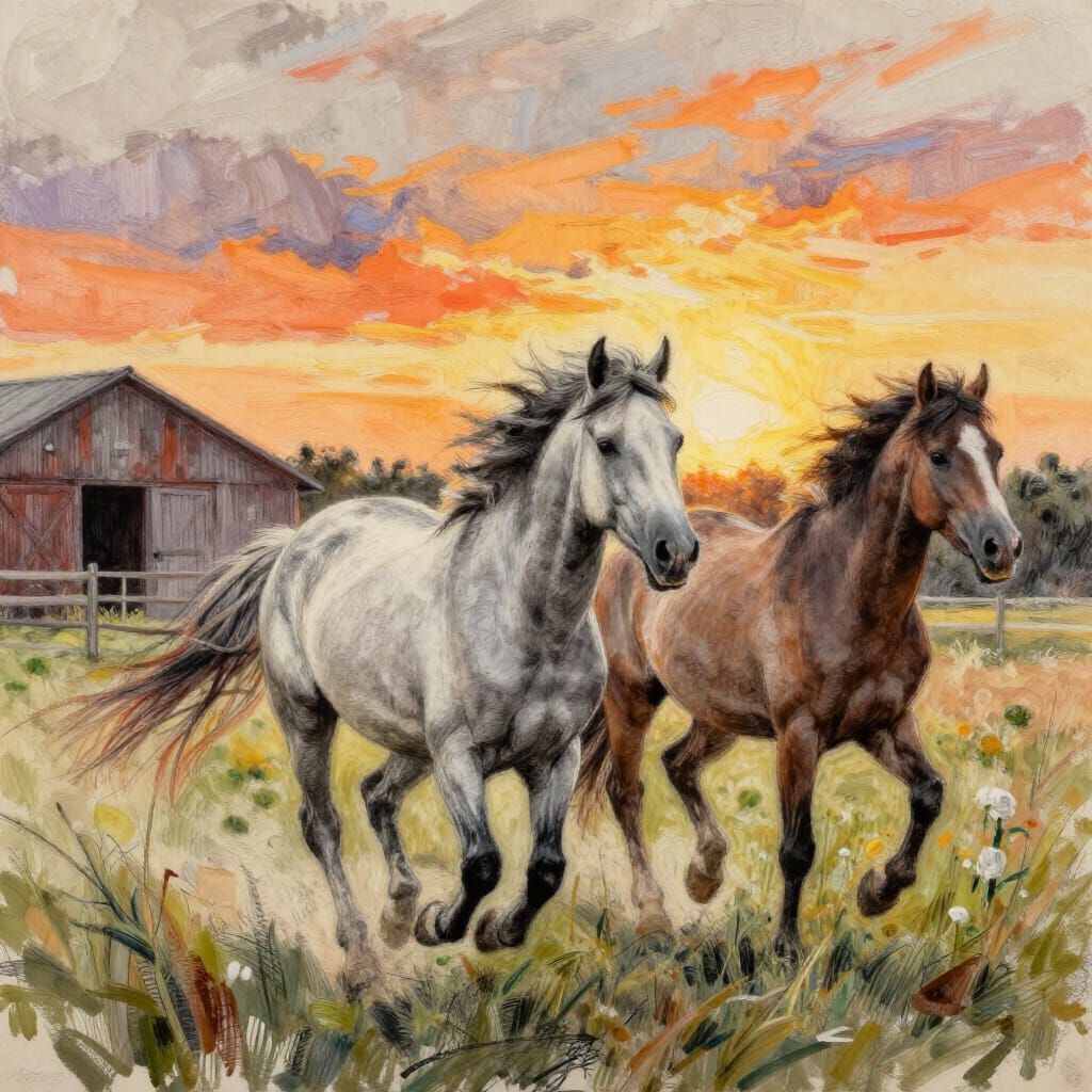 Elderly Horses Gallop Energetically Towards Sunset in Pastel...