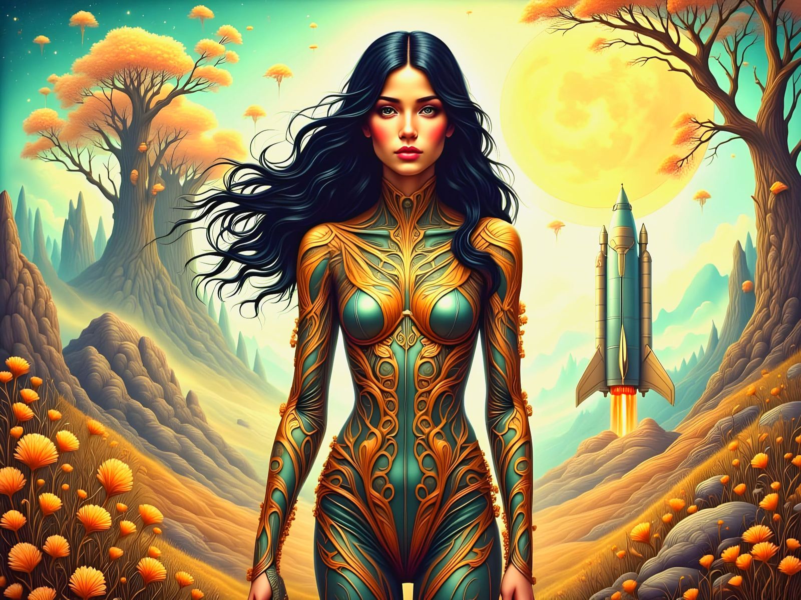 Alien Woman in Spacesuit: Dreamlike Art Nouveau