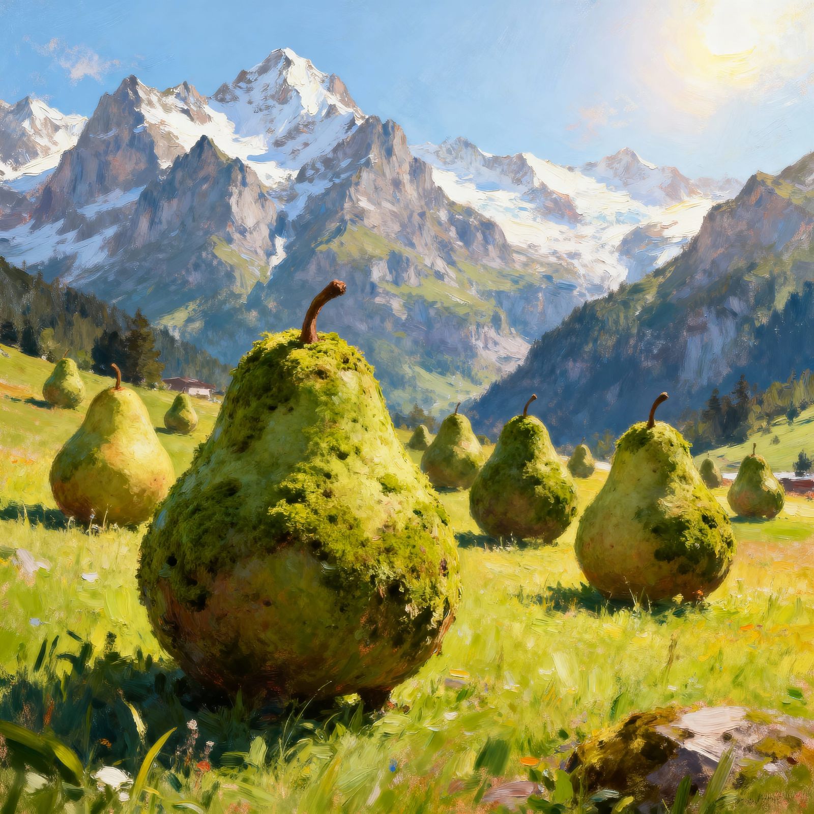 Whimsical Impressionist Painting Of Mossy Pear Creatures In ...