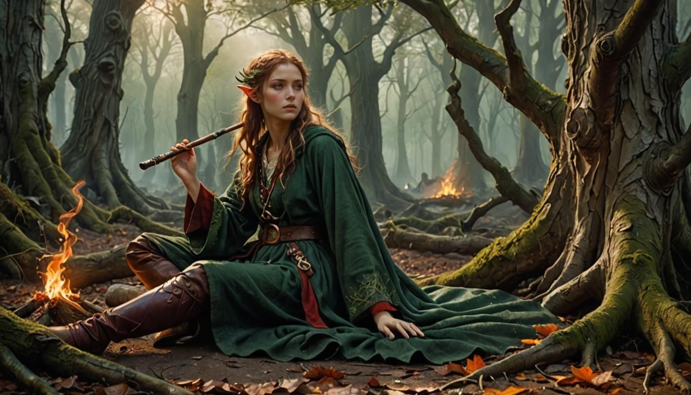 Elf Maiden's Moonlit Forest Serenade: Fantasy Art