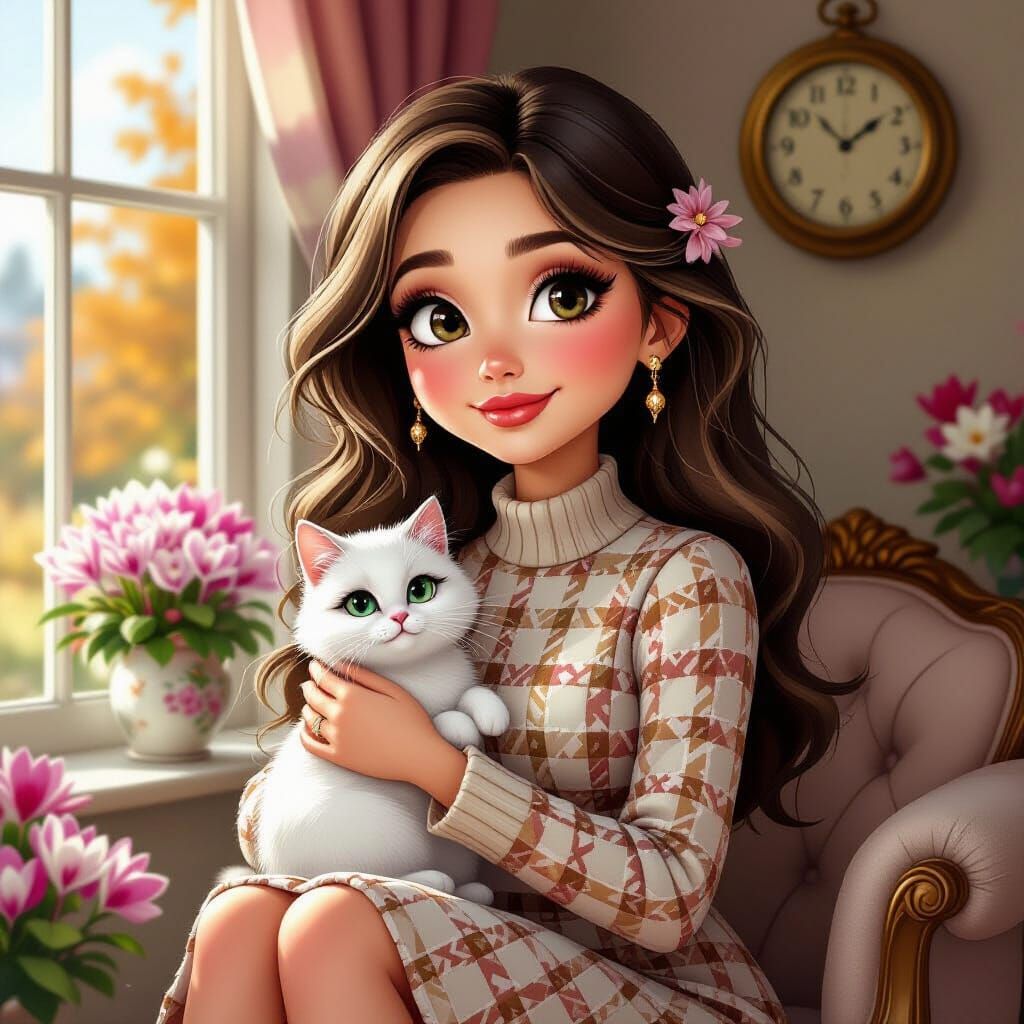 Woman with Cat in Autumn Garden, Painterly Style