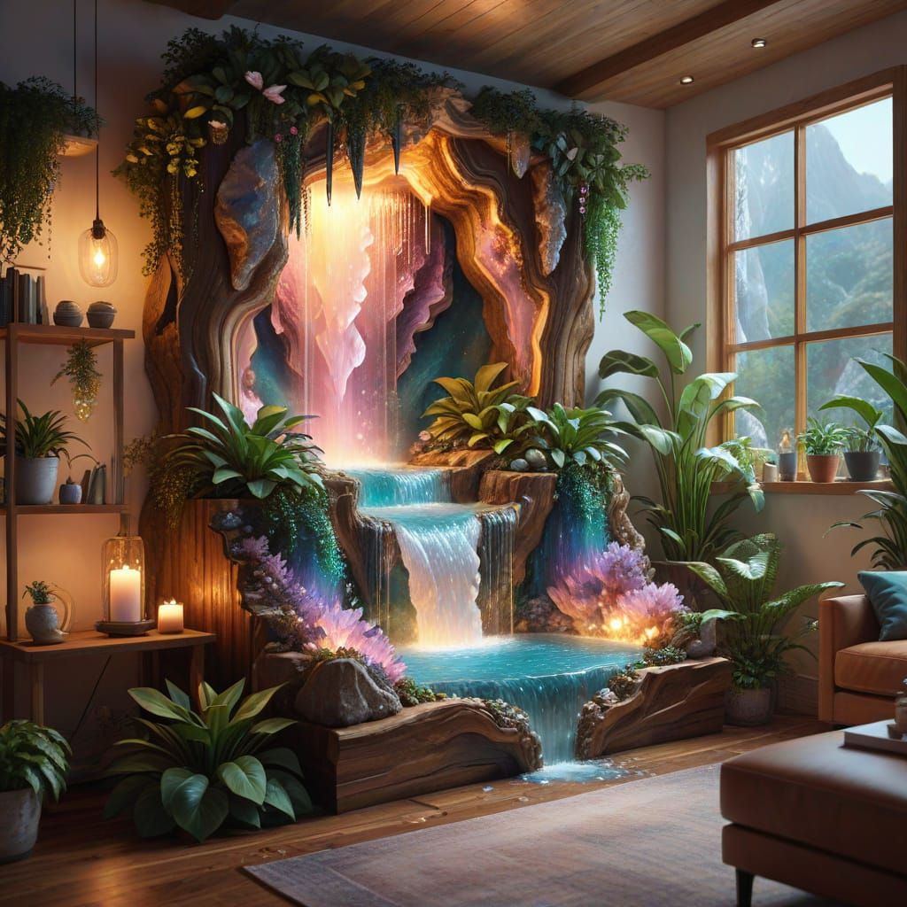 Geode Waterfall in Cozy Living Room: Fantasy Art