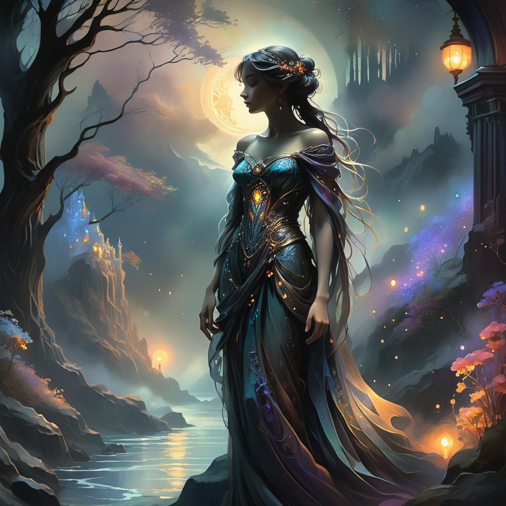 Ethereal Dark Fantasy Figure Confronts Ominous Aura