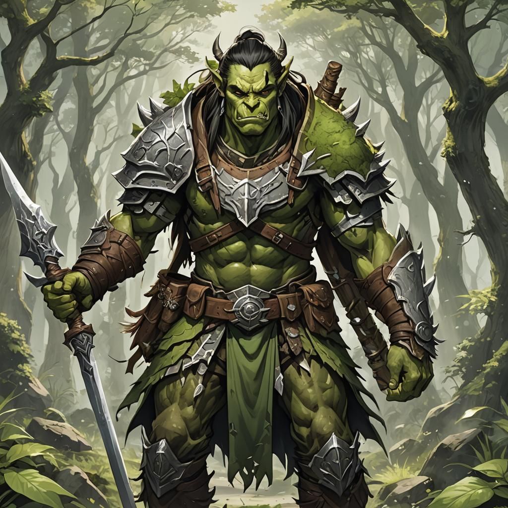 Half-Orc Druid in Anime Style Armor with Glaive