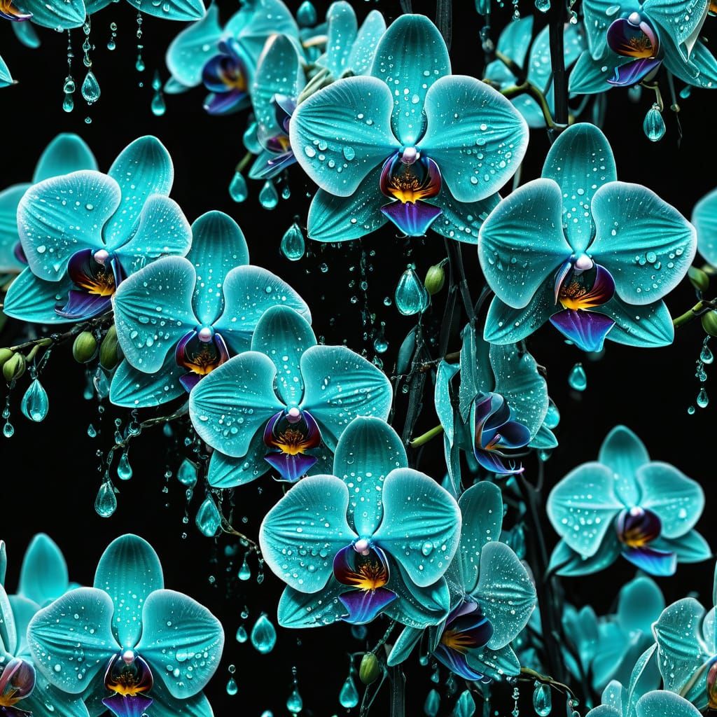 Turquoise Orchids with Glistening Dew Drops