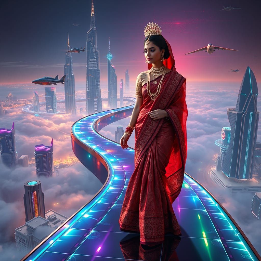 Indian Woman in Cyberpunk Sky City