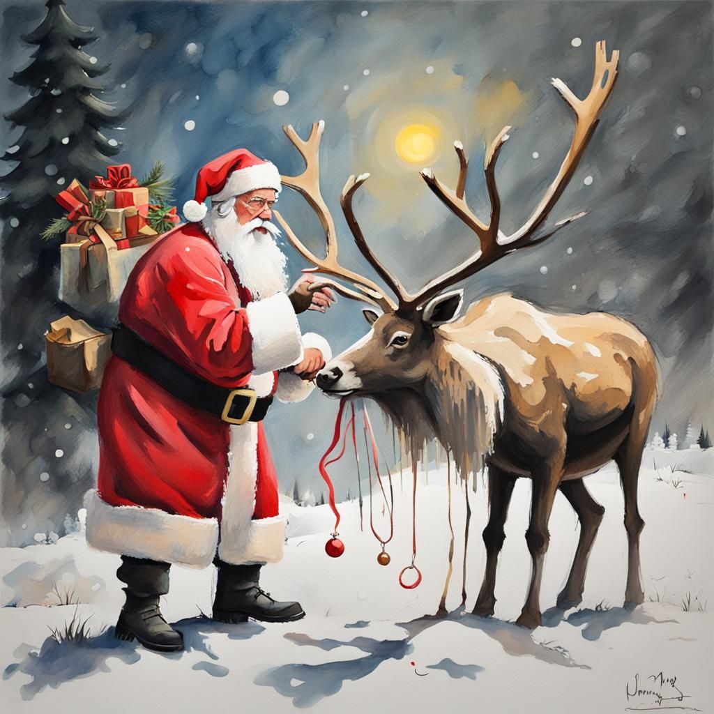 Banksy Style Santa Tending Reindeer on Christmas Eve