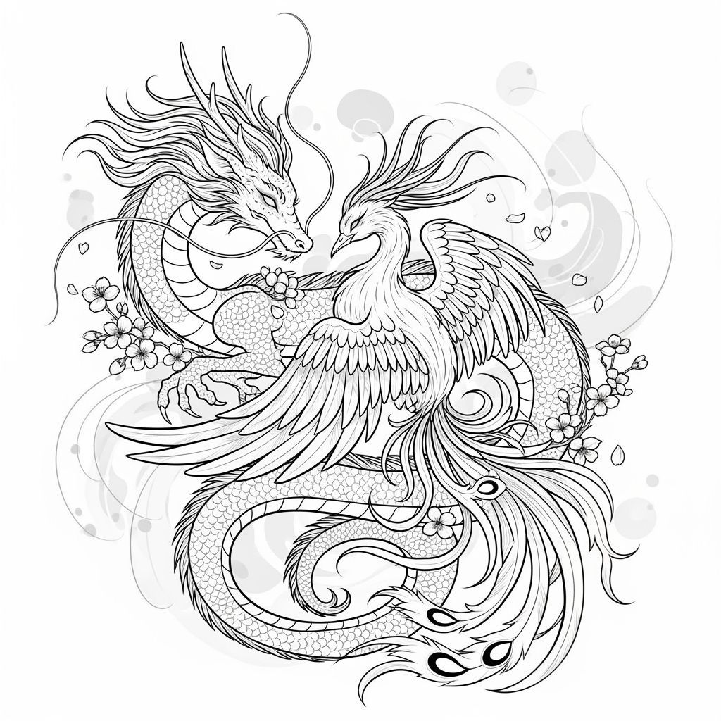 Dragon and Phoenix in Black and White Illustration