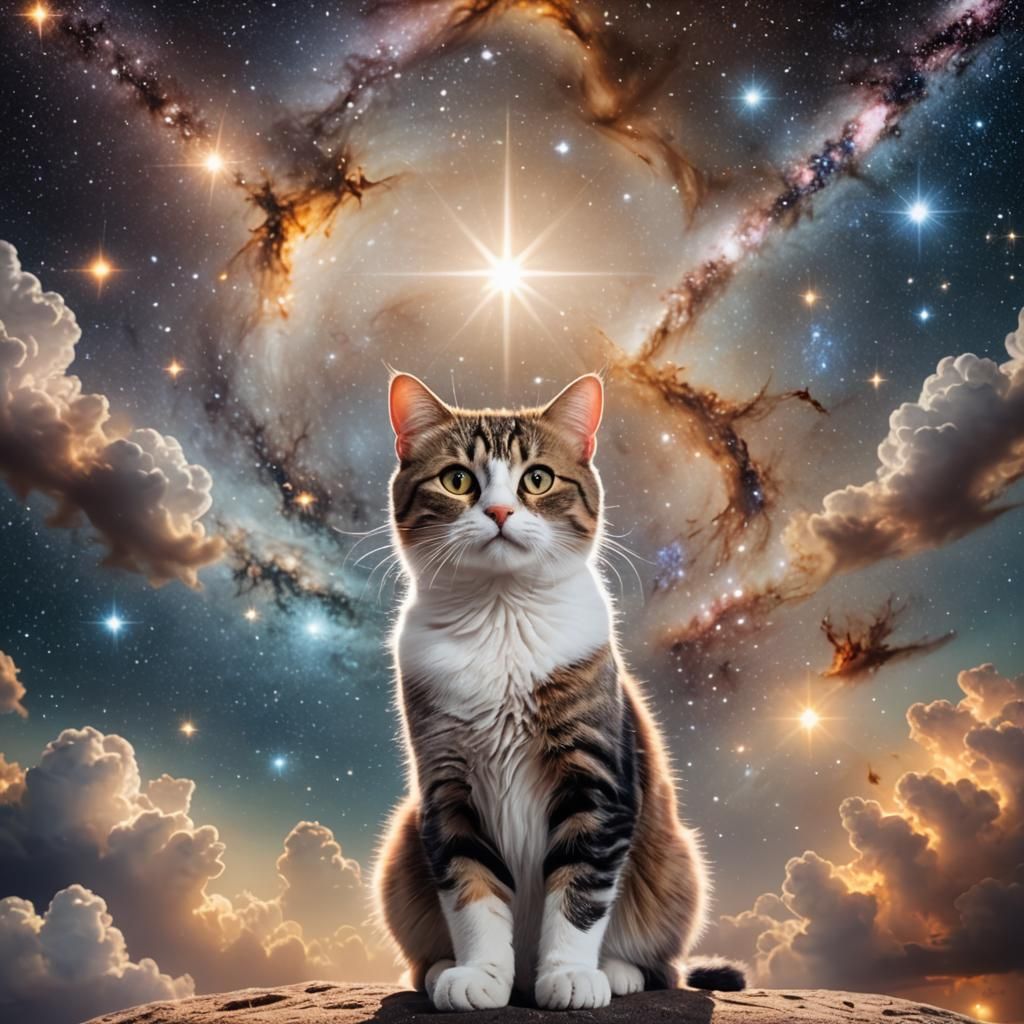 Celestial Cat on Star Surrounded by Galaxies