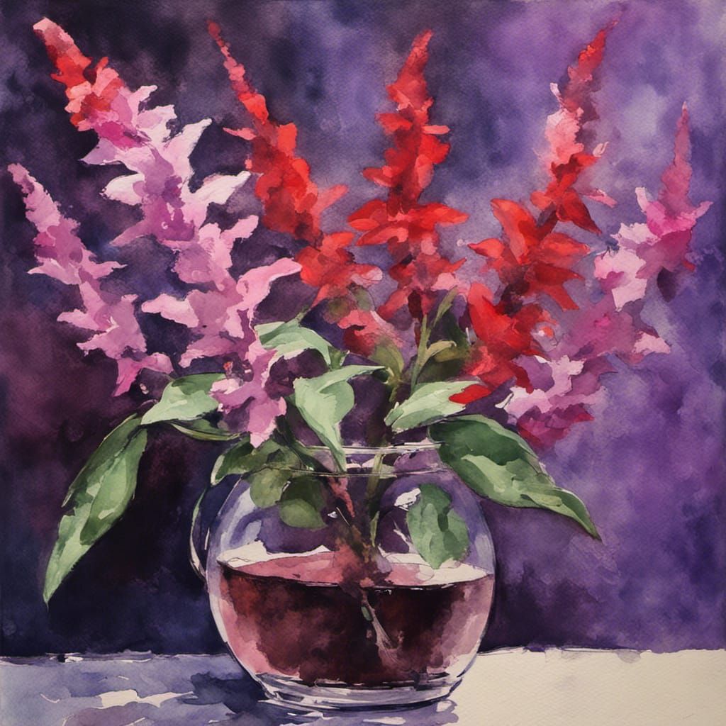 Salvia Flowers Still Life in Gouache Watercolor Style