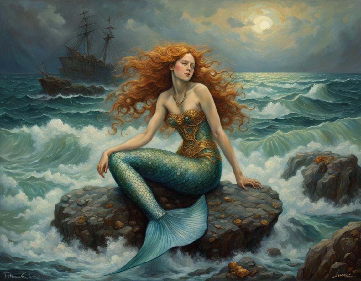 Mermaid in Stormy Sea: Hyperdetailed Oil Painting