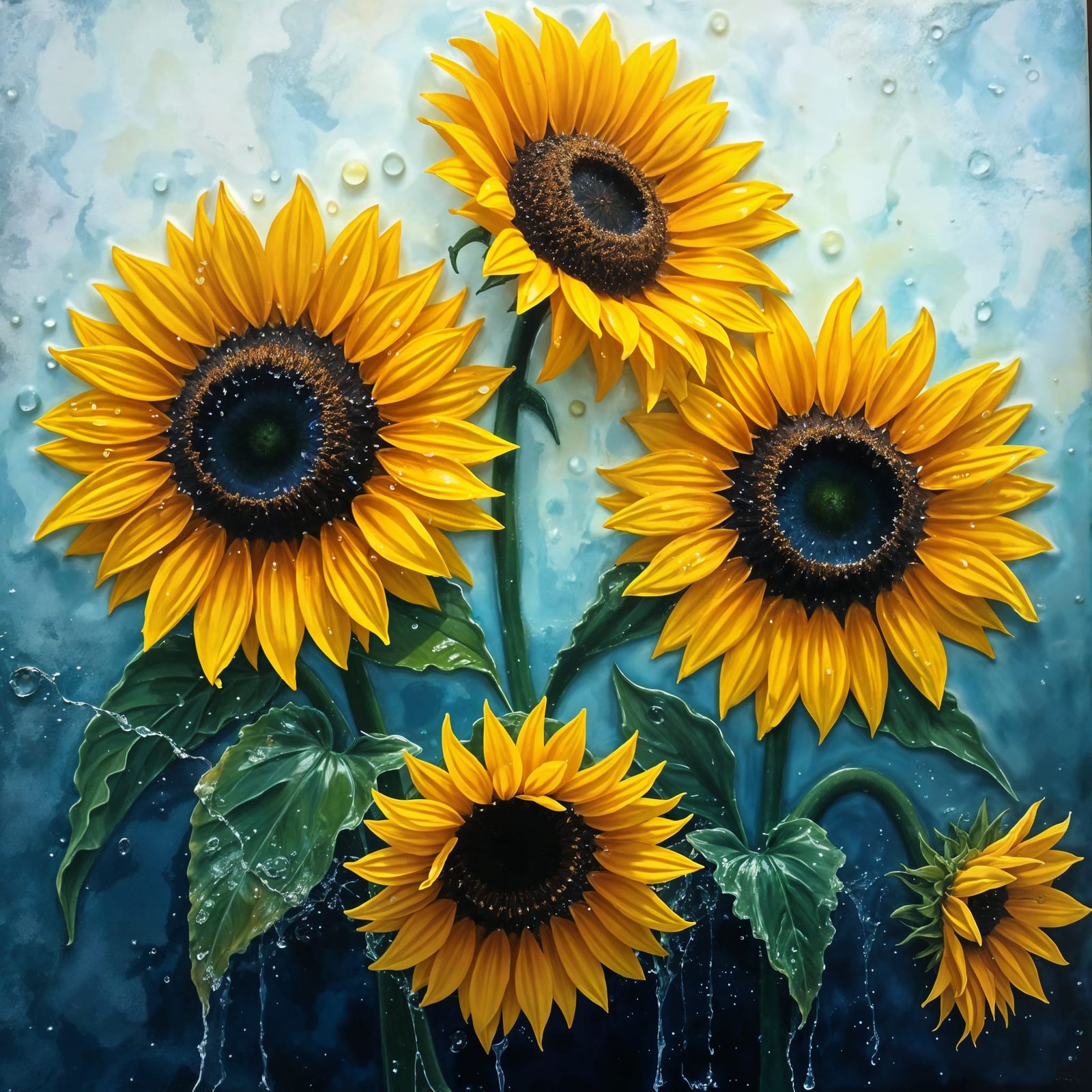 Luminous Encaustic Sunflowers in Wet Bloom