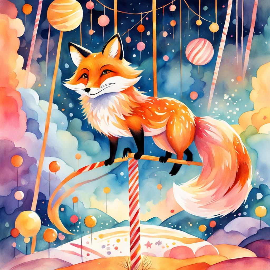 Acrobatic Fox Balances on Tightrope in Watercolor Style