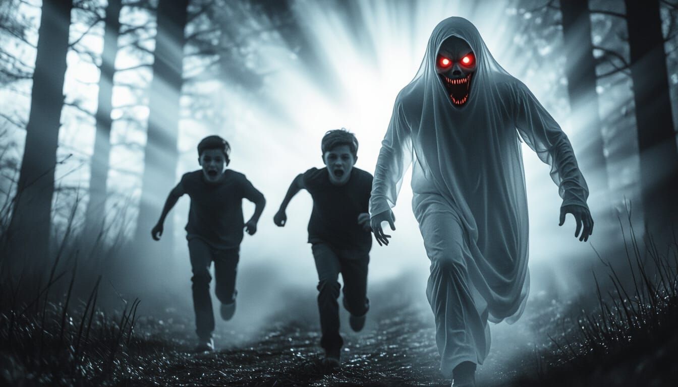 Terrifying Ghost with Red Eyes Haunts Boys in Dark Forest