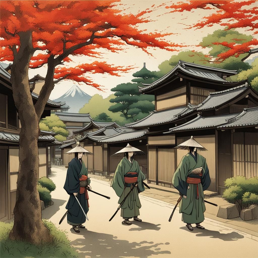 Two Ronin Stroll Down Japanese Village Street