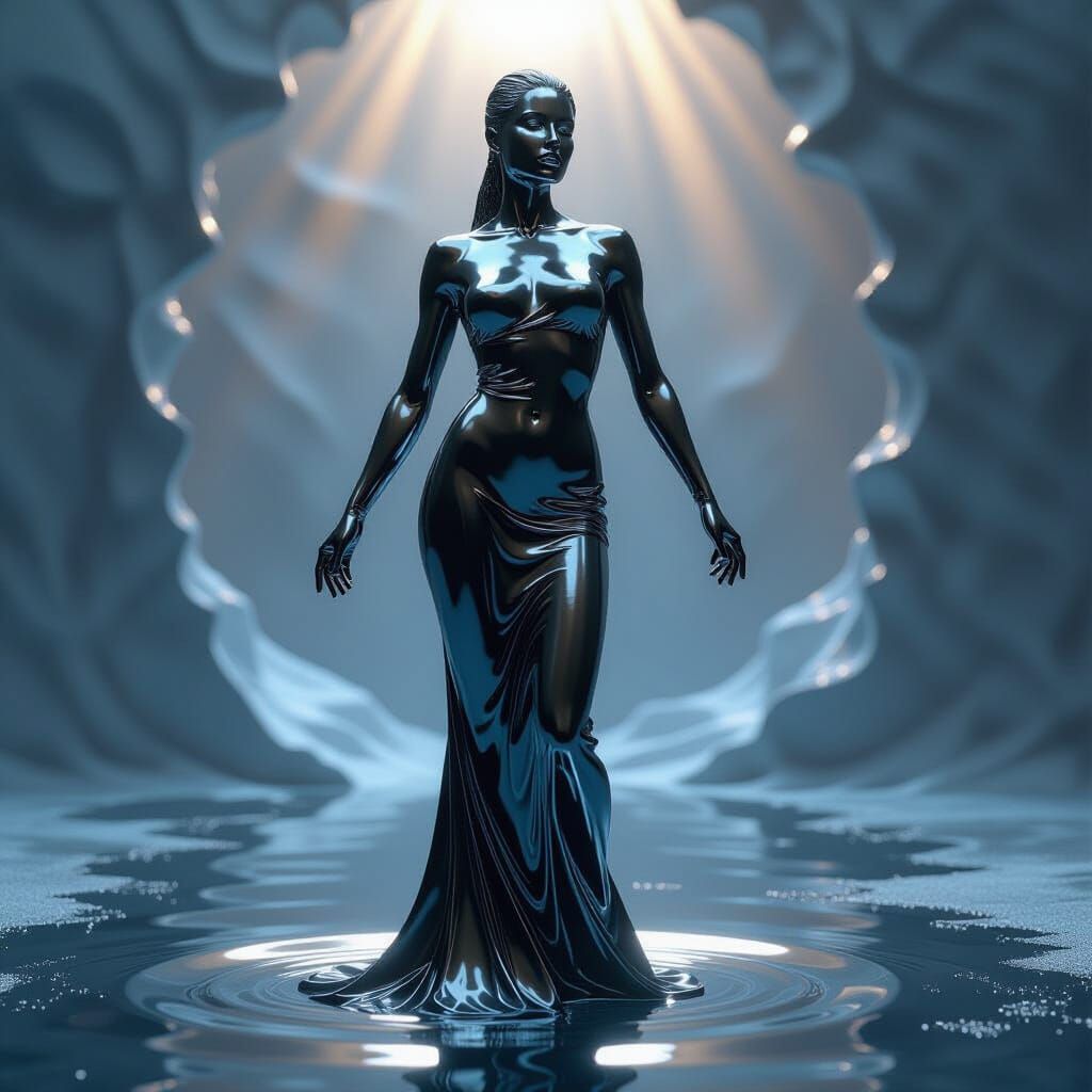 Chrome Statue of Woman in Dark Surrealist Style
