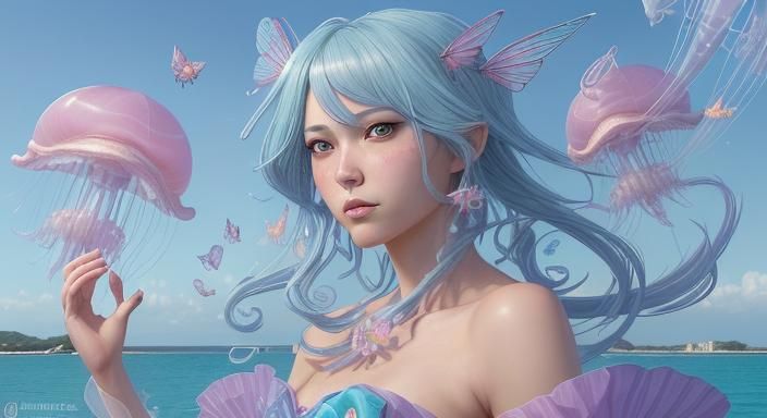 Kokomi Fanart in Ocean with Jellyfish and Butterflies