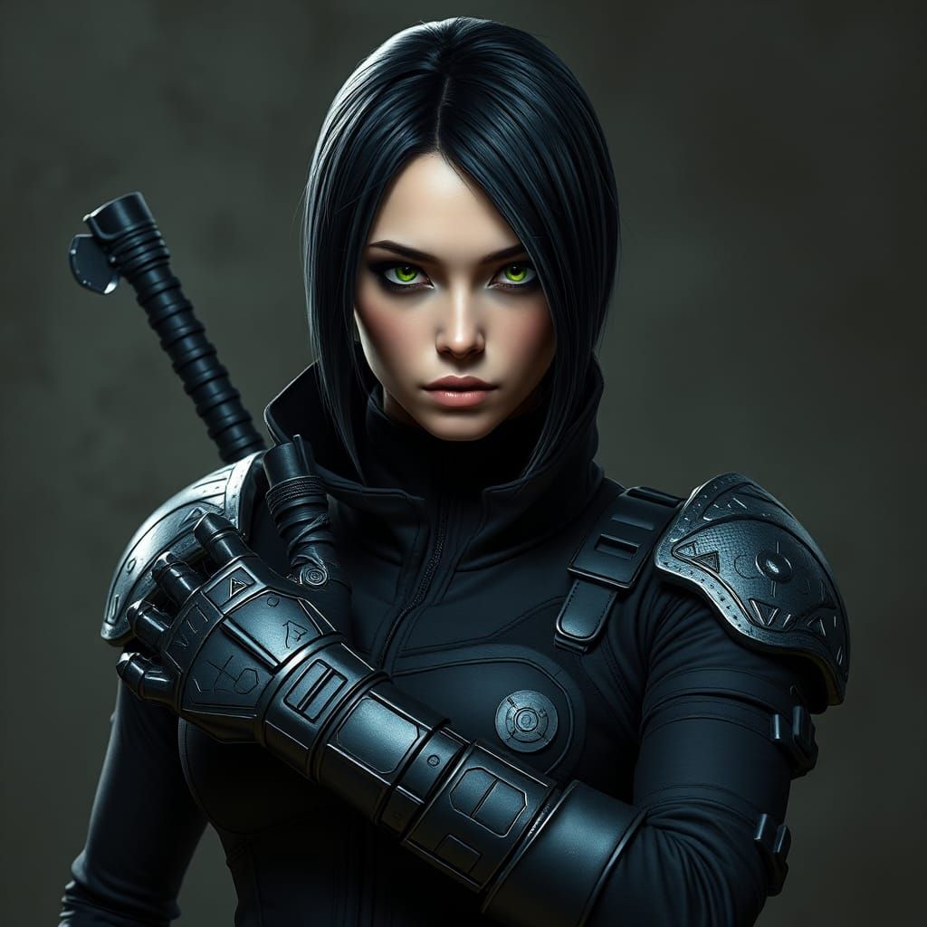 Kaijin Karak, be a lean, agile medieval assassin with a black jumpsuit and a pair of high-tech gauntlets. Her hair could...