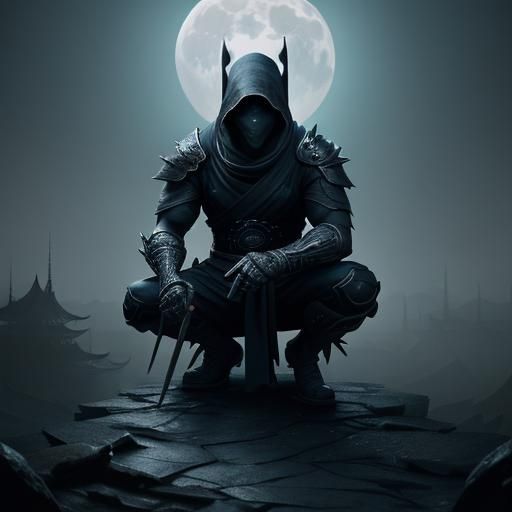 Ninja on Mist-Shrouded Roof in Fantasy Art Style