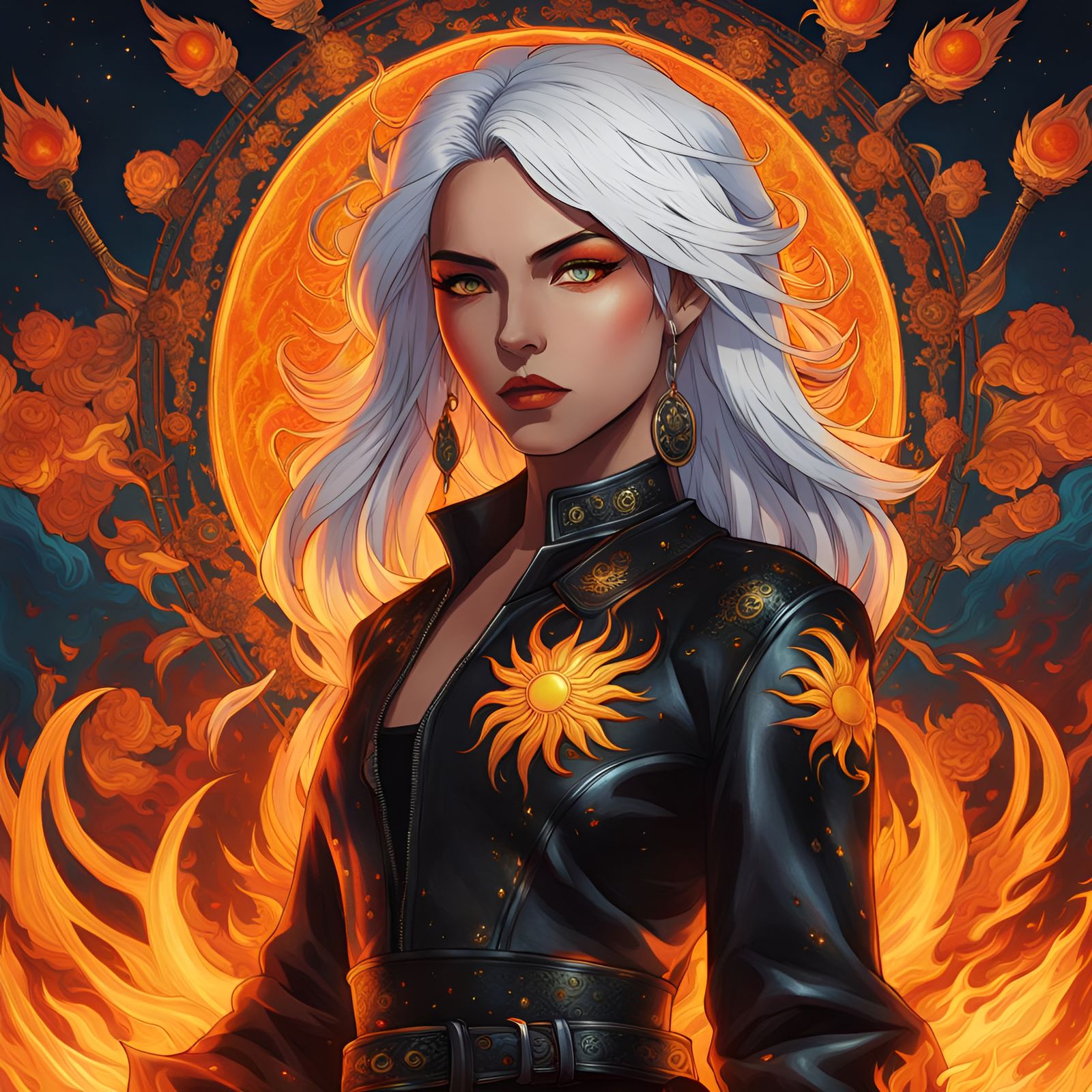 Fiery Anime Girl with Sun and Flame Motifs