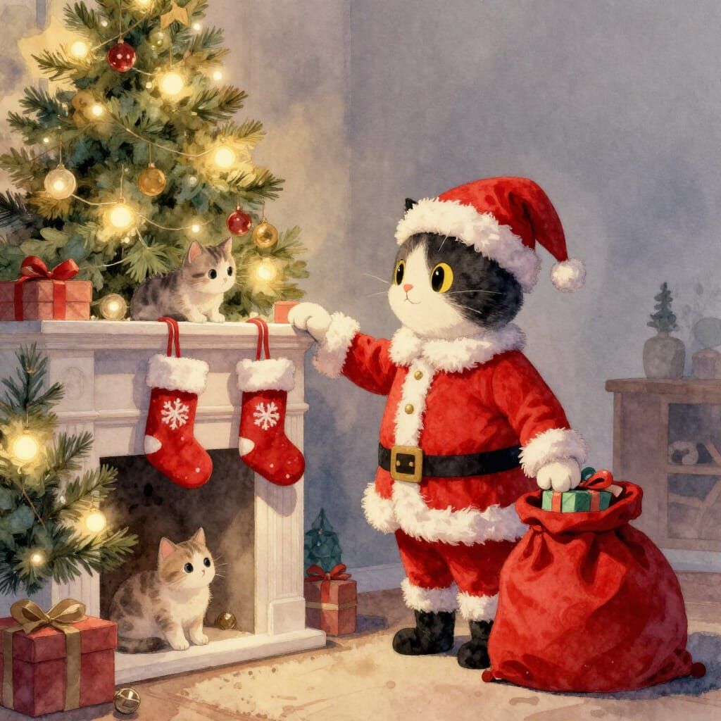 Anthropomorphic Cat Santa Claus and Kittens in Dreamlike Wat...