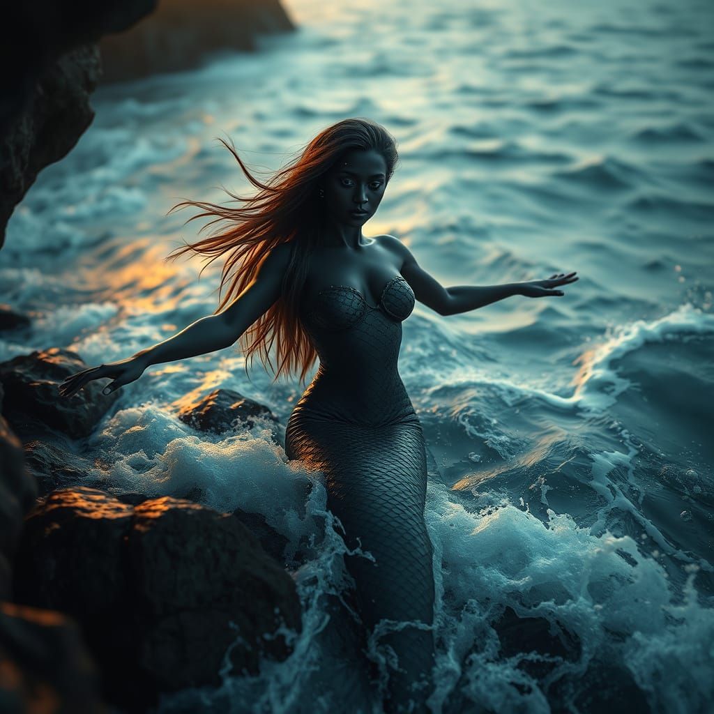 Mysterious Mermaid Portrait in Turbulent Ocean Waters